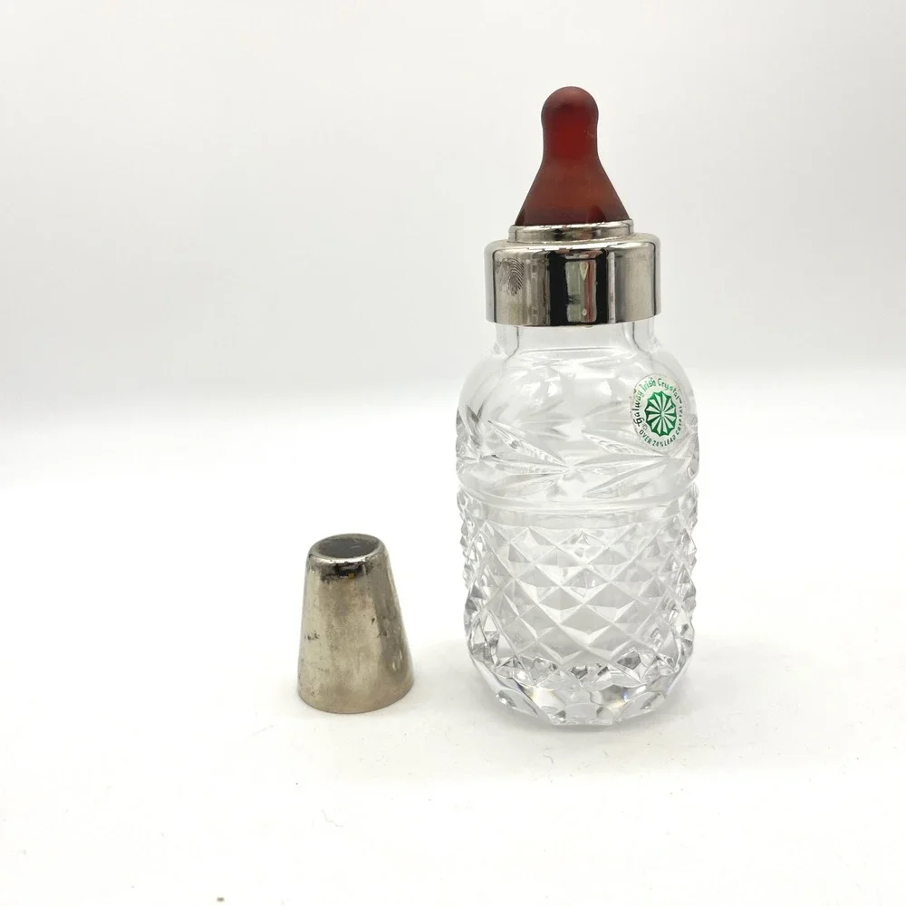 Galway Irish Crystal Baby Bottle Keepsake Diamond Cut Silver Tone Cap 5.5 Inch